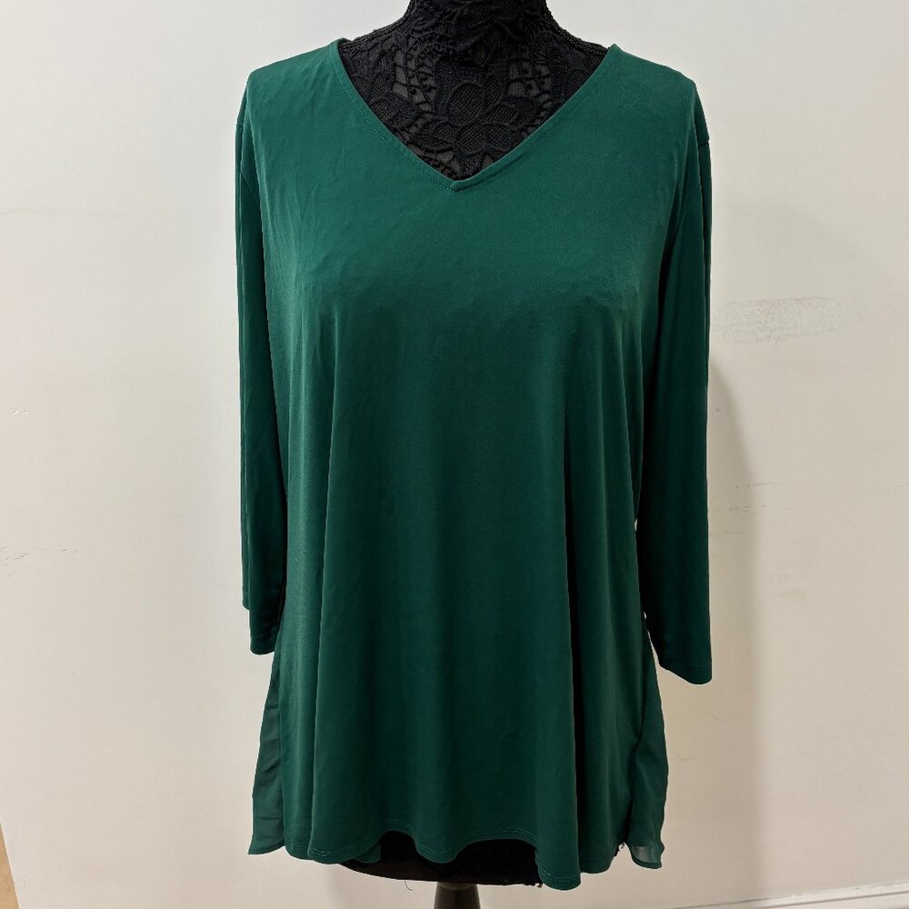 Green Susan Graver Liquid Knit V-neck hi-low tunic, chiffon back XL 🎁 Sale🎁